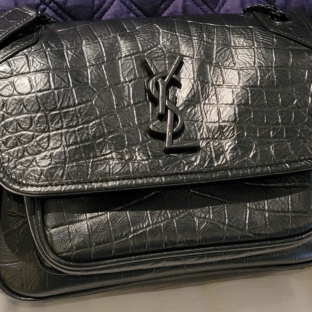YSL Saint Laurent Black Niki Chain Flap Bag Crocodile Embossed Leather "Baby"